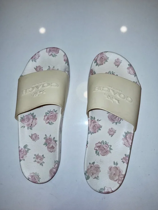 Coach Beige Strap Floral Slide Sandals with Pink Rose Print size 9