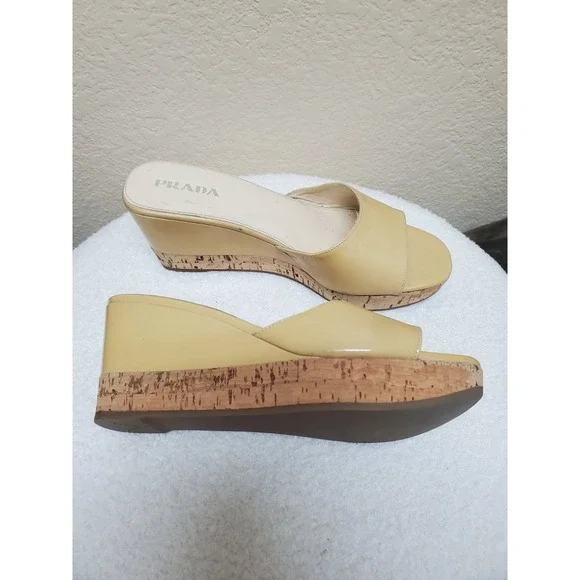 Vintage Prada nude patent leather slip-on wedge‎ sandals, size 37.5 (women's),