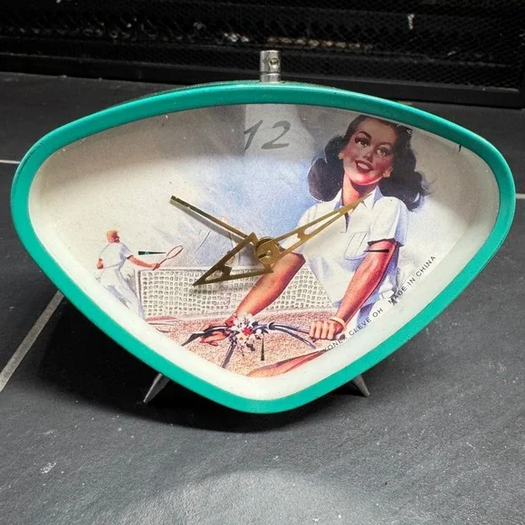 Vintage Pin Up Girl Bicycle Tennis Alarm Desk Clock Teal Triangular Wind Up‎