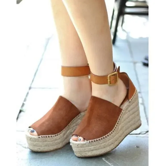Chloe Suede and Leather Ankle Strap Espadrille Wedge Sandals Brown Women's EU 35