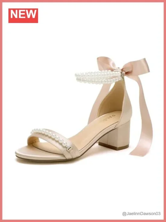 Pearl Embellished Block Heel Wedding Sandals, Satin Low Heel Ankle Strap Bridal