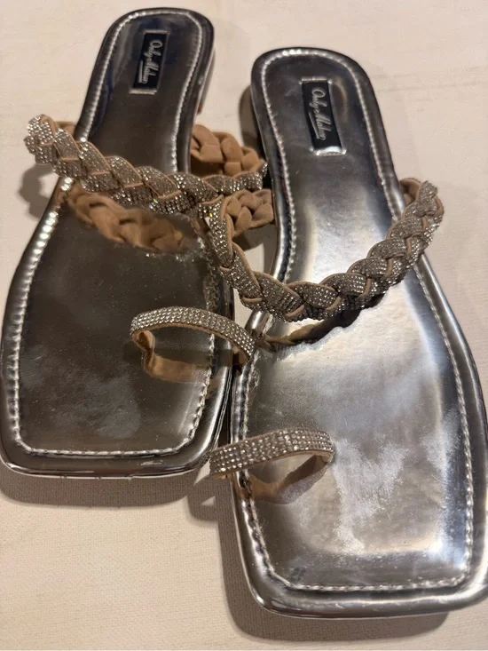 Braided Rhinestone Toe-Ring Sandals — Silver and Tan