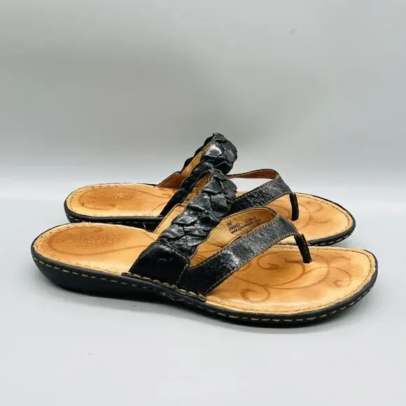 Born Sandals Womens 9 Black Leather Braided Strap Thong Slip On Comfort Shoes