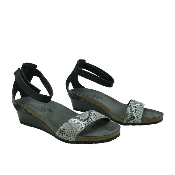 Naot Pixie Wedge Sandal Women's 38 (7) Black Cobra Snake Print Cork Footbed