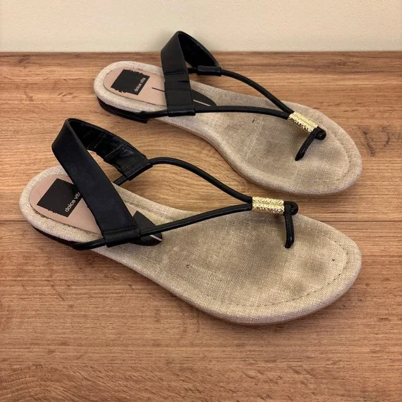 DOLCE VITA Bacey Strap Sandal In Black Women Size 10 Flat Casual‎ Summer Gold