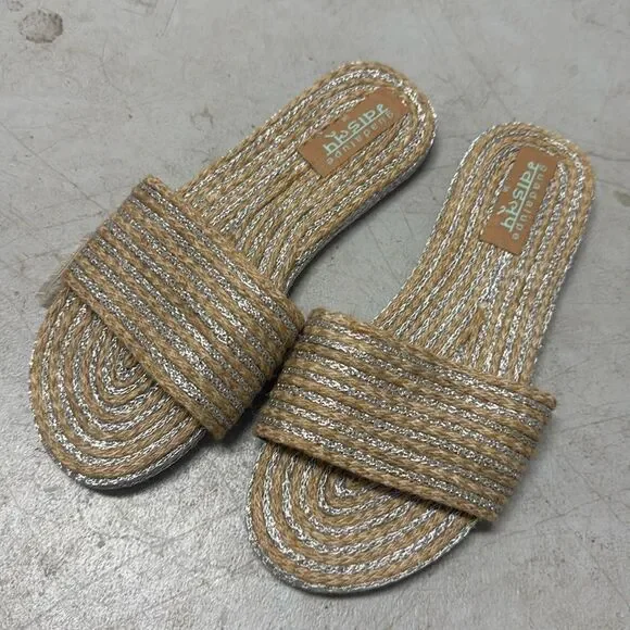 Brand New Flats - Silver Embroidered Tan Rattan Flats - Brand New - Size 8