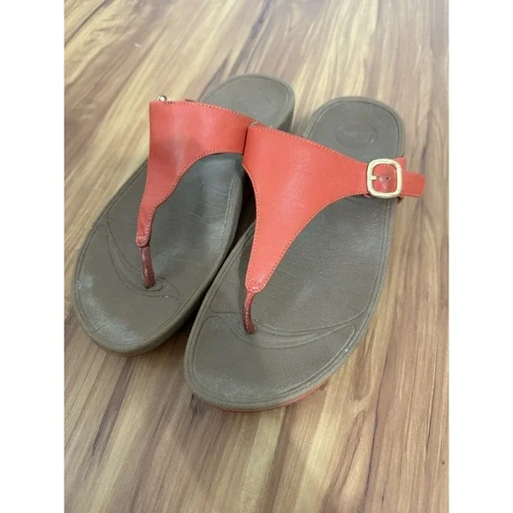 FitFlop Leather Adjustable Buckle Thong Sandals Orange US 9‎ Comfort Shoes