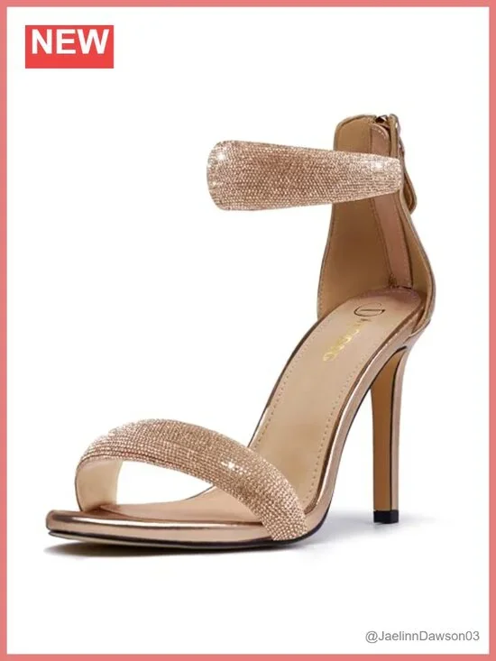 Back Zipper Ankle Strap Rhinestone Glitter Stiletto Heels Women's