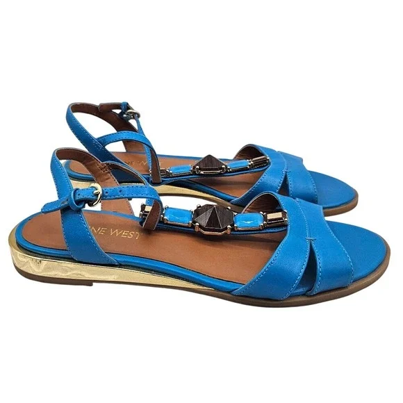 Nine West NWXYLIA Blue Leather Embellished‎ T-Strap Flat Sandals Gold Heel 6M