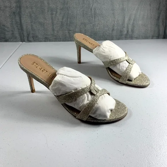 Stuart Weitzman Soiree Sleek 75 4503730159 Slide Womens 6 Platino Glitter Sandal