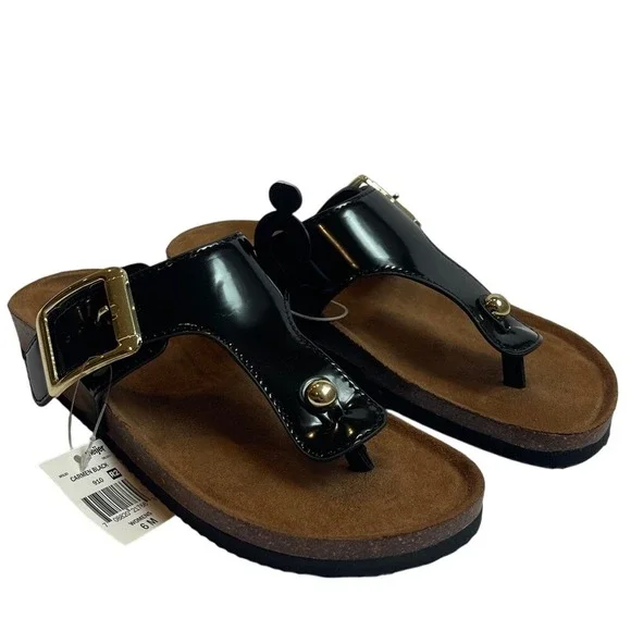 Falls Creek Slip On Black Patent Thong Buckle Sandal 6 NWT‎