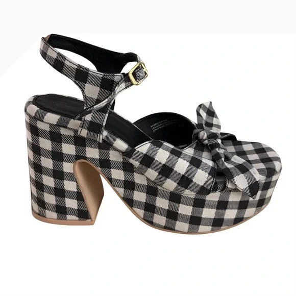 Seychelles New American Black White Gingham Platform Sandals Bow Block Heel 10
