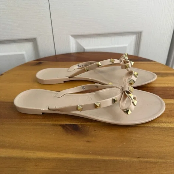 Pink Gold Studded Bow Flip Flops Women's Size 8 Beach Cruise Boho Grunge Preppy‎