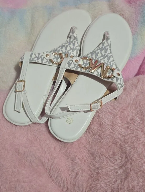 White Logo-Pattern Women's Slingback Sandals with Gold Accent