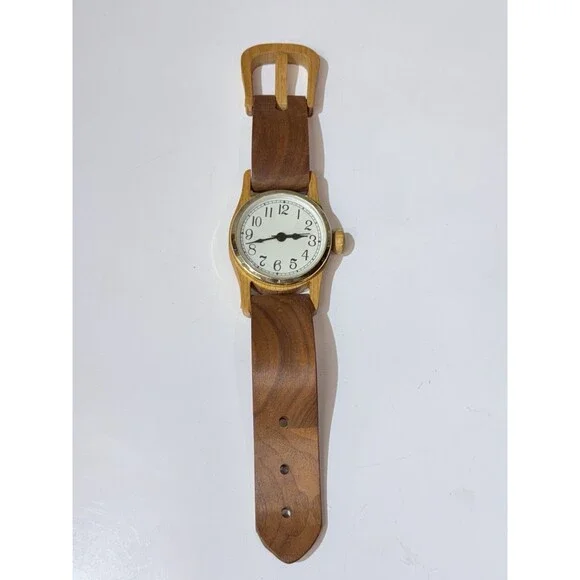 15” Wooden Wrist Watch Shaped Wall Clock Stained Wood Battery Quartz