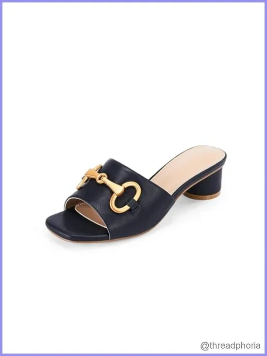 Womens Heeled Slides Sandals Square Open Toe Slip on Kitten Low Heel Metal