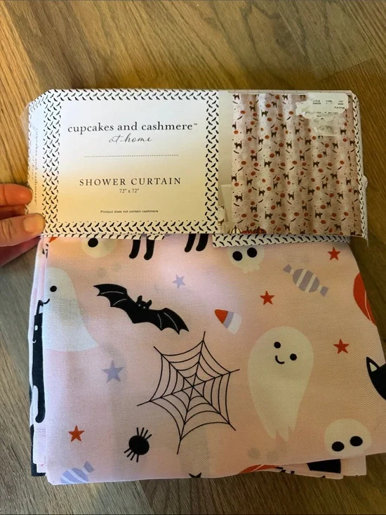 cupcakes & cashmere Pink Halloween Kids Shower Curtain with Ghosts and Bats