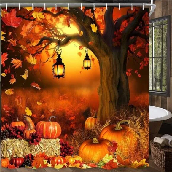 New Fall Harvest Pumpkin Shower‎ Curtain w/Autumn Leaves -69x70