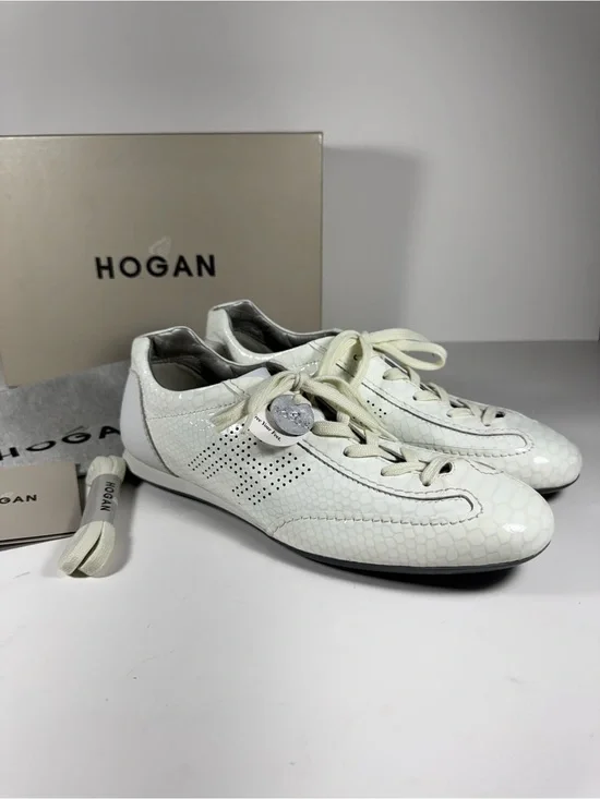 NIB Hogan White Snakeskin Embossed Patent Leather Low Profile Sneakers Women 9.5