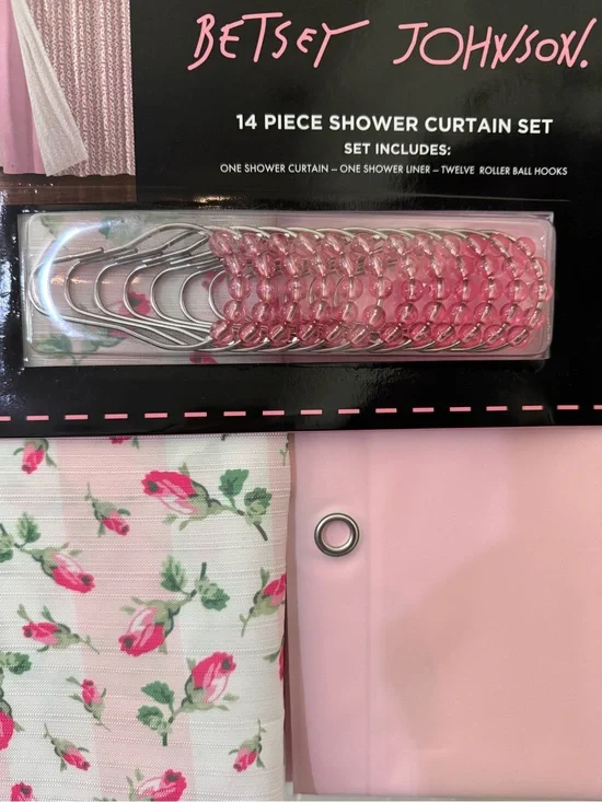 Betsey Johnson Pink rose bud 14-Piece Shower Curtain Set rare style cottage core