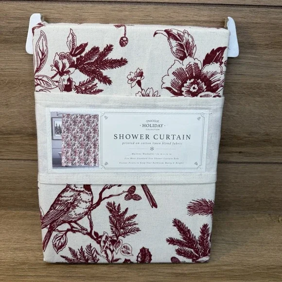 Envogue Holiday Collection Shower Curtain Cream Burgundy Winter Cardinal Toile