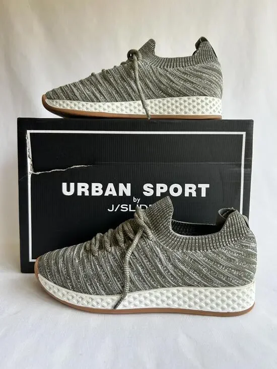 J/Slides Urban Sport Shoes Womens Size 7.5 Khaki 2 Tone Knit Sneakers Casual