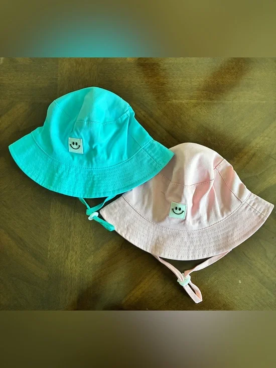 Twin Toddler 9-18 mos Boy Girl Bucket Hats Adjustable Chin Strap, Pink Blue NEW!