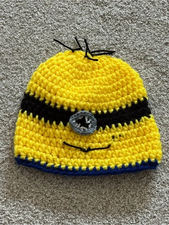 Kids Yellow Crochet Character Beanie with Black and Blue Accents