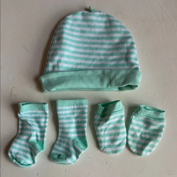Oeko-Tex Mint Green Striped Baby Cap, Mitten, and Bootie Set