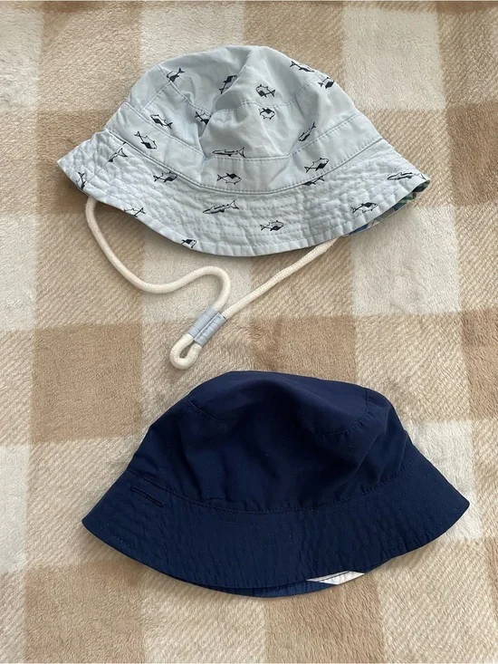 Set of two baby hats Reversible Kids Bucket Hat Navy & Light Blue Shark Print