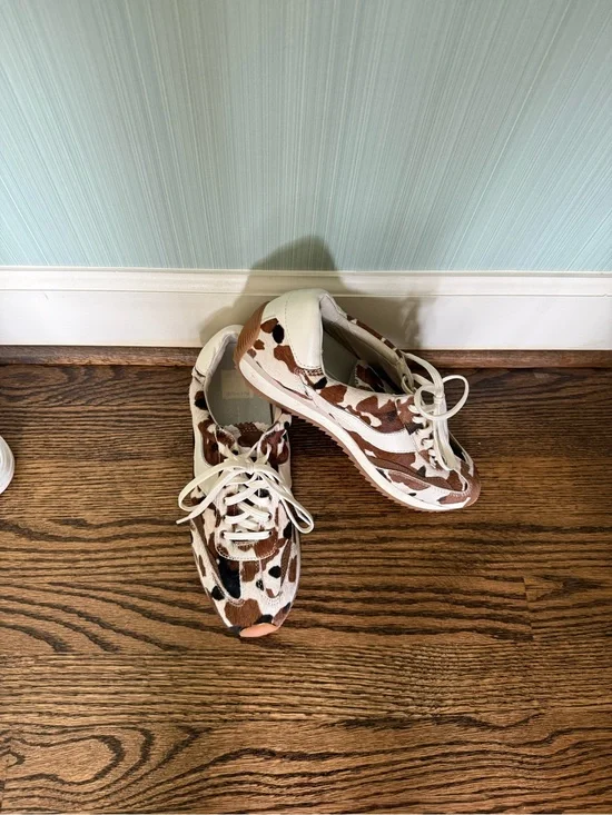 Dolce Vita Cow-Print Leather Sneakers in White & Brown