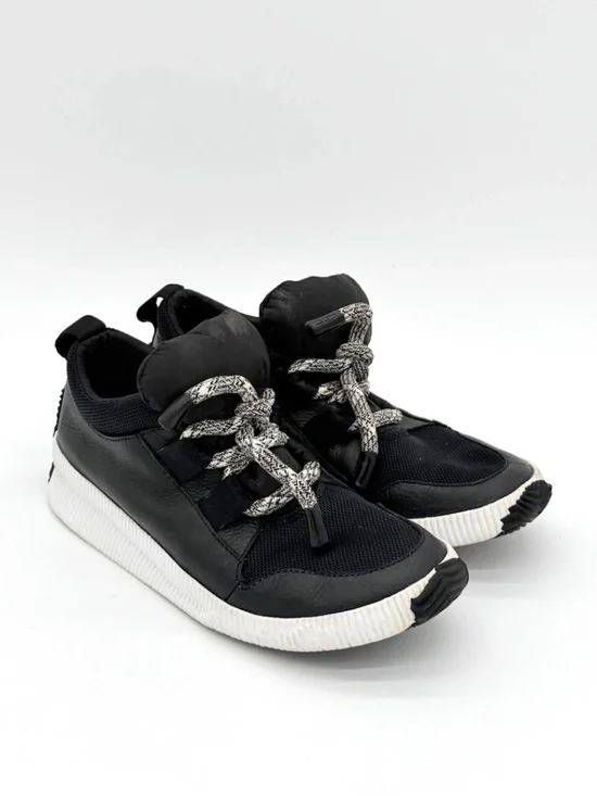Sorel Out N About Plus Street Sneak Black Leather Mesh Shoes Women Sz 8.5 NL3610