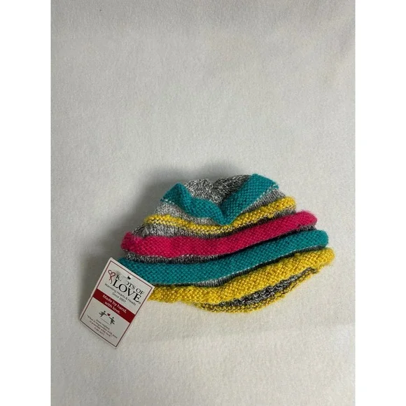 Handmade Knit Knots of Love Small Multi-Color Striped Garter Stitch‎ Beanie Hat