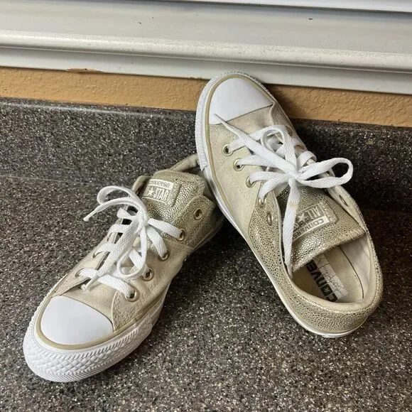 Converse All Star Low Top Women's Sz 6 Canvas/Leather Cream Gold Sneaker Lace Up