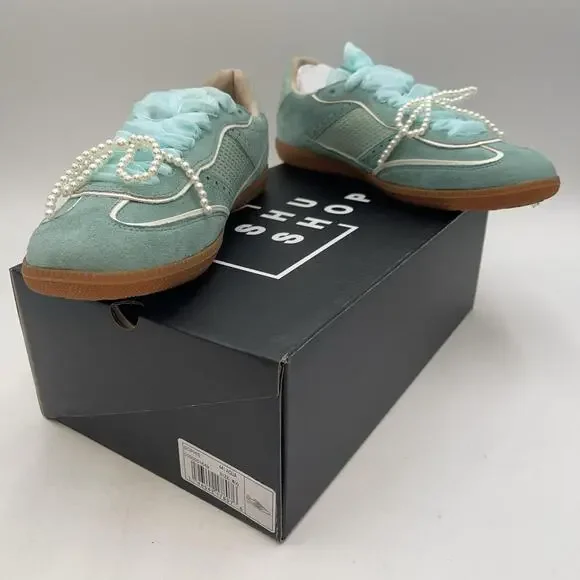 Aqua Suede Pearl Beaded Shoes Womens Low Top Casual Sneakers Sophie Size 8.5