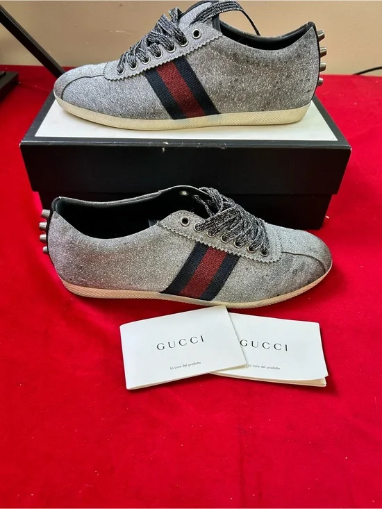 Gucci Silver Glitter Low-Top Sneakers with Red & Blue Web Stripe