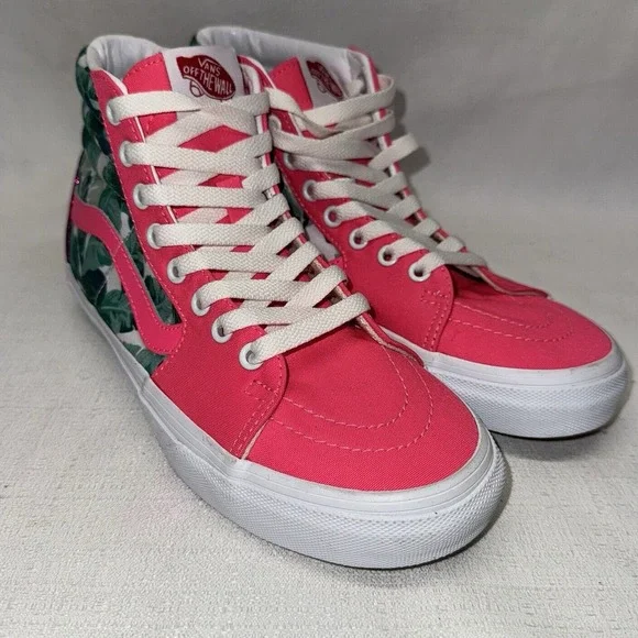 Vans Sk8-Hi High Top Women 7.5‎ Pink Tropical Leaf Glitter Krewe Kanaval Skater
