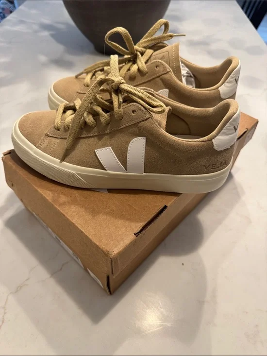 Veja Women's Suede Sneakers in Tan and White