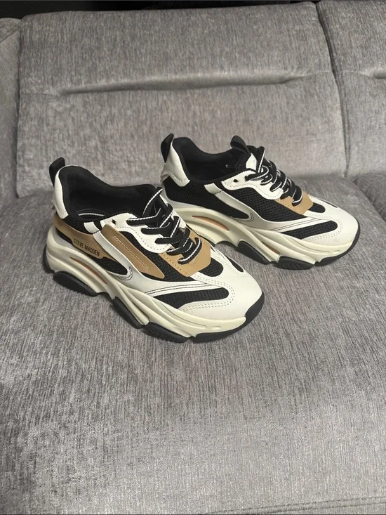 Steve Madden Chunky Lace-Up Sneakers — Black, White & Tan Women’s