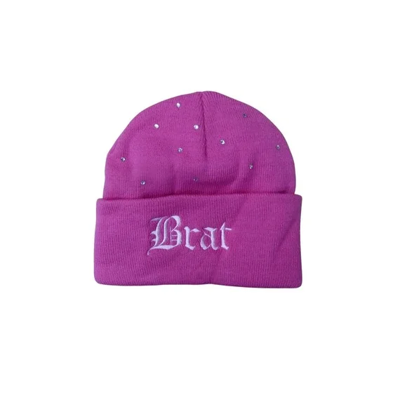 Claire's Beanie Hat Girls OS Pink Brat Rhinestone Knit Cap 55025-1