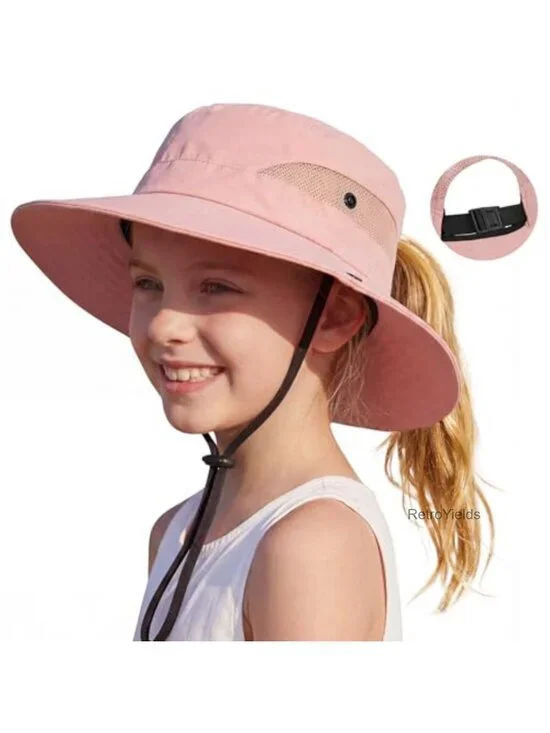 Girls Ponytail Sun Hat UPF 50+ Kids Beach Bucket Hat with Adjustable Chin Strap
