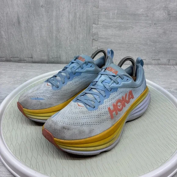 Hoka Bondi 8 Running Shoes Women's 8 Blue Yellow Mesh Sneakers 1127952 SSCA