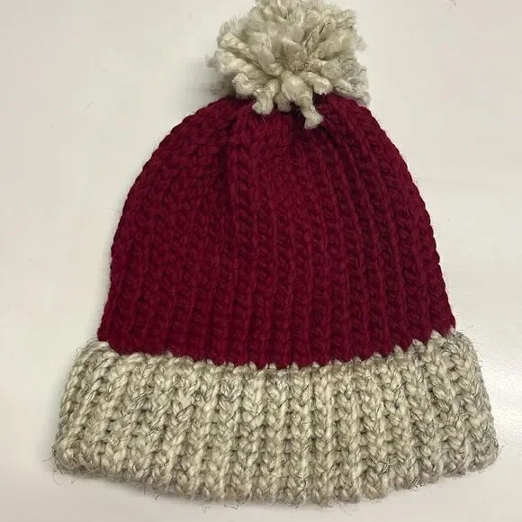 Homemade Wool & Acrylic Knitted Cranberry and Wheat Winter Hat Teen/Adult/Medium