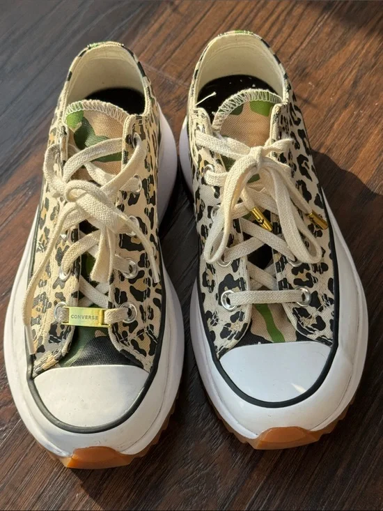 Converse Women's Leopard Print Low Top Sneakers with Green Camo Accents