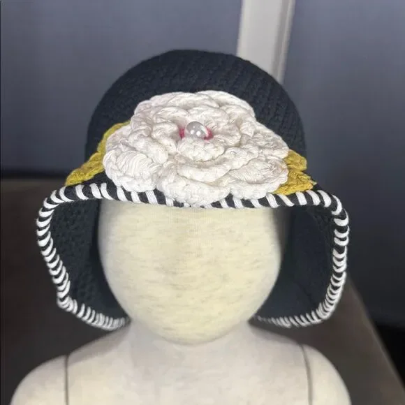 Daisy Baby Black Crocheted Sun Hat Layered Flower 100% Cotton 2-8 years NEW