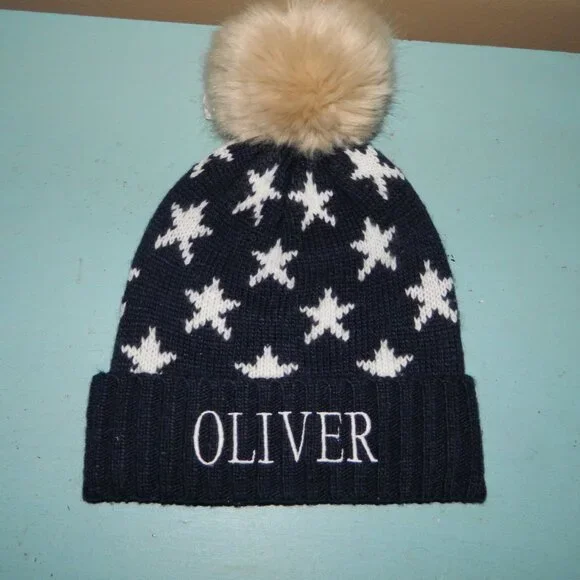 Mark & Graham Kids Faux Fur Navy Stars Pom Pom Hat 