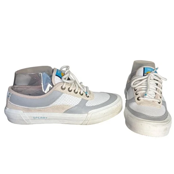 Sperry White Grey Sneaker STS86219 Low Top Perforated Women's Size 6.5‎