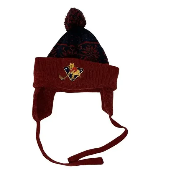 Vintage Disney Winnie the Pooh Knit‎ Hat Juvenile Baby Toddler Ear Flap Pom