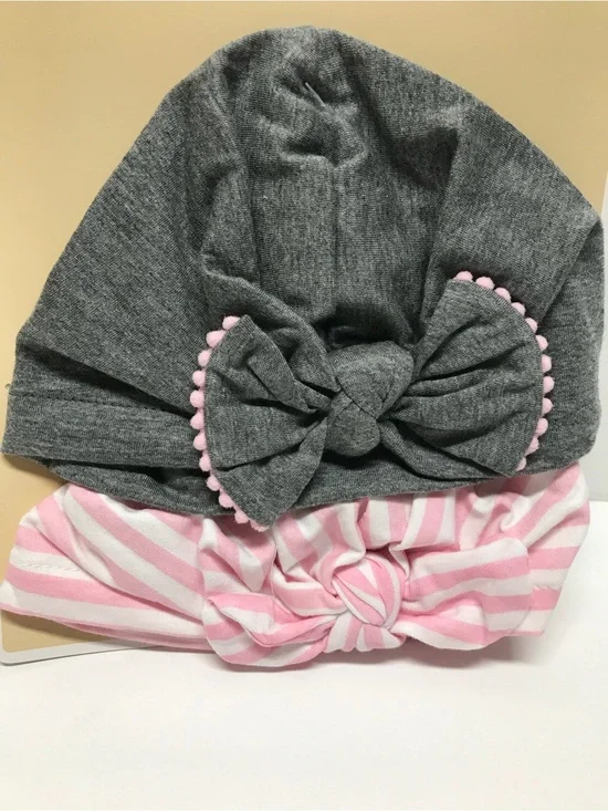 First Impressions Gray and Pink Kids Turban Hat Set NWT