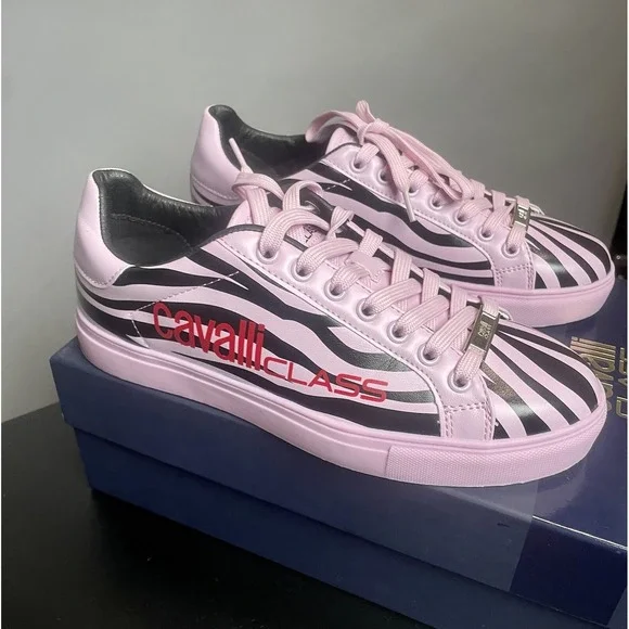 Roberto Cavalli Zebra Sneaker Pink & Black Shoes Woman's EU 39 US 8.5‎ Animal